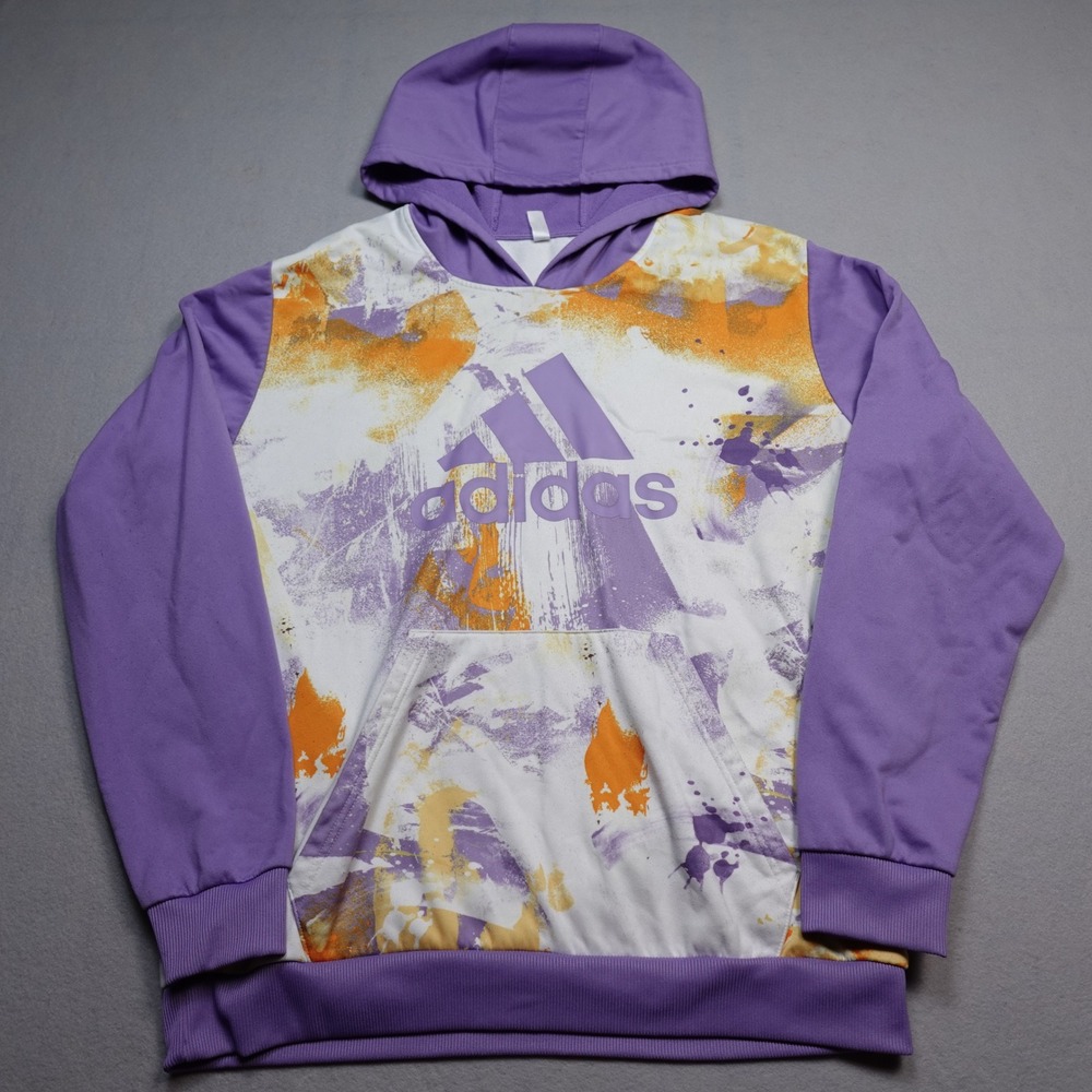 Adidas Hoodie Men XL Purple Orange Paint Splatter Primegreen Pullover Graphic